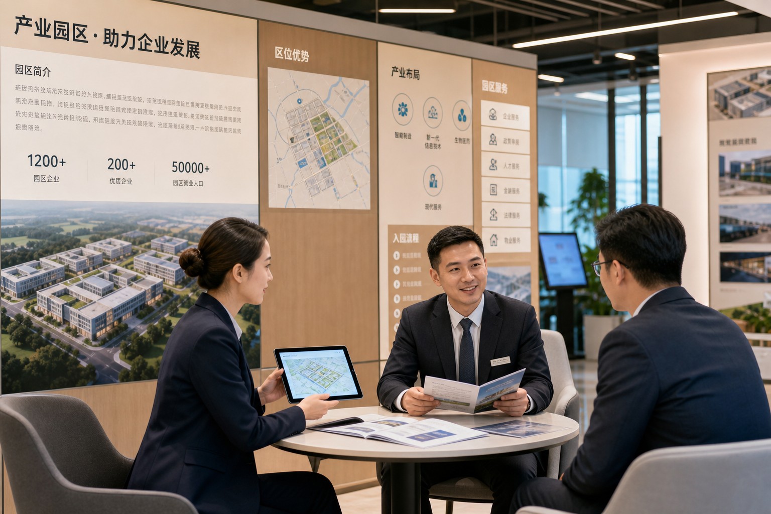 企业服务人员与客户在接待区洽谈,桌上有文件与电脑