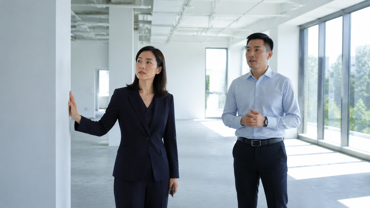 女性负责人站在未布置的办公区域中央环视,男性园区运营人员陪同