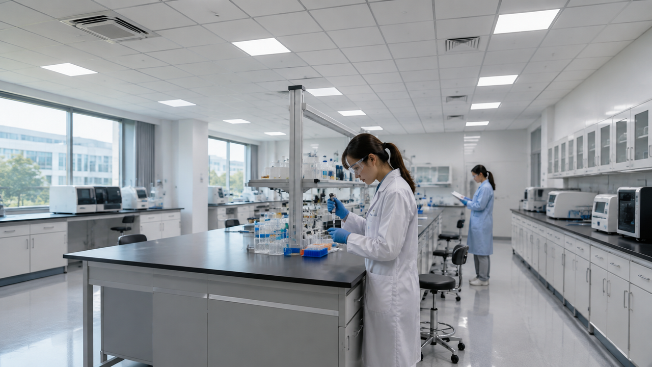 在园区公共科研平台实验室内,一位研发人员正在仪器前操作