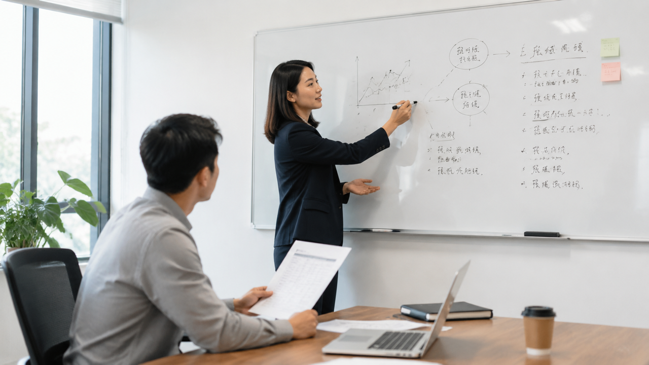 企业负责人与同事在白板前核对医疗器械经营类别和场地需求清单
