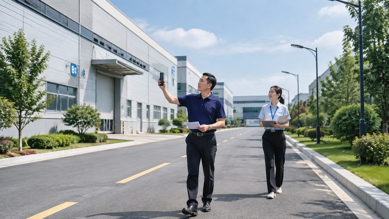 企业负责人在园区道路上拍照记录仓库通道,运营人员陪同